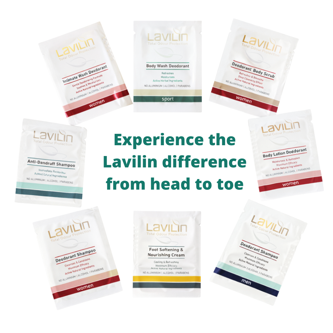 Eight sample packets of Lavilin bath and body products arranged in a circular pattern, featuring various scents and uses.