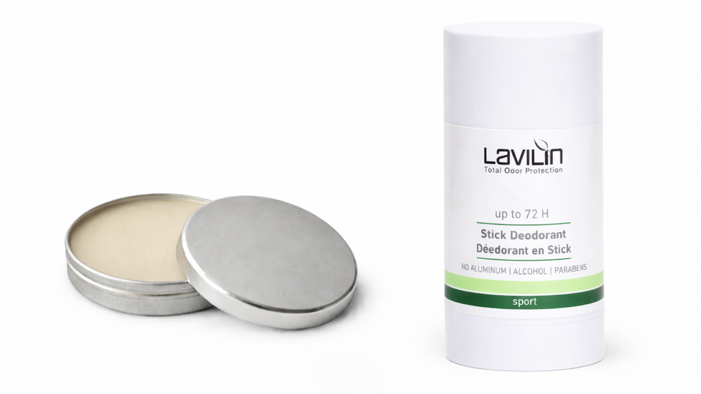 Natural Deodorant Comparison Image Showing A Deodorant Paste Tin And A Lavilin 72-Hour Stick Deodorant On A White Background