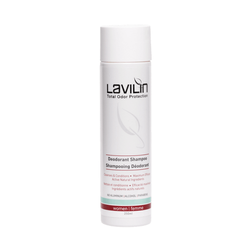 Lavilin deodorant shampoo for women in a 250ml white bottle with green and red accents.