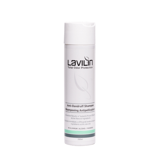 Lavilin anti-dandruff shampoo bottle, 250ml, white with green accents, featuring a sleek design and clear labeling.