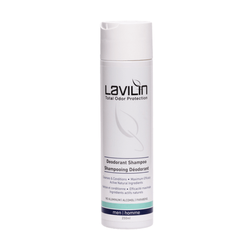 Lavilin deodorant shampoo for men in a 250ml white bottle with green and black labeling.