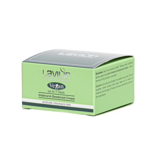 Lavilin vegan deodorant cream packaging in green, labeled for up to 7 days of protection, fragrance-free.