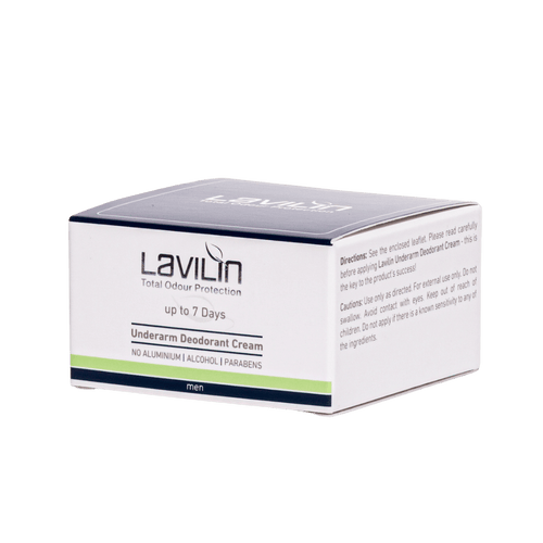 Lavilin up to 7 days deodorant cream for men in a white and blue box with product details on the front.