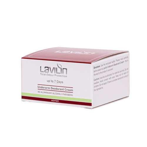 Lavilin up to 7 days underarm deodorant cream for women in a white and pink box with product details on the front.