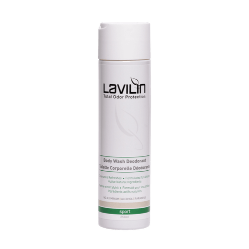 Body wash deodorant in a white bottle with green accents, labeled "Lavilin Total Odor Protection," 250 ml.