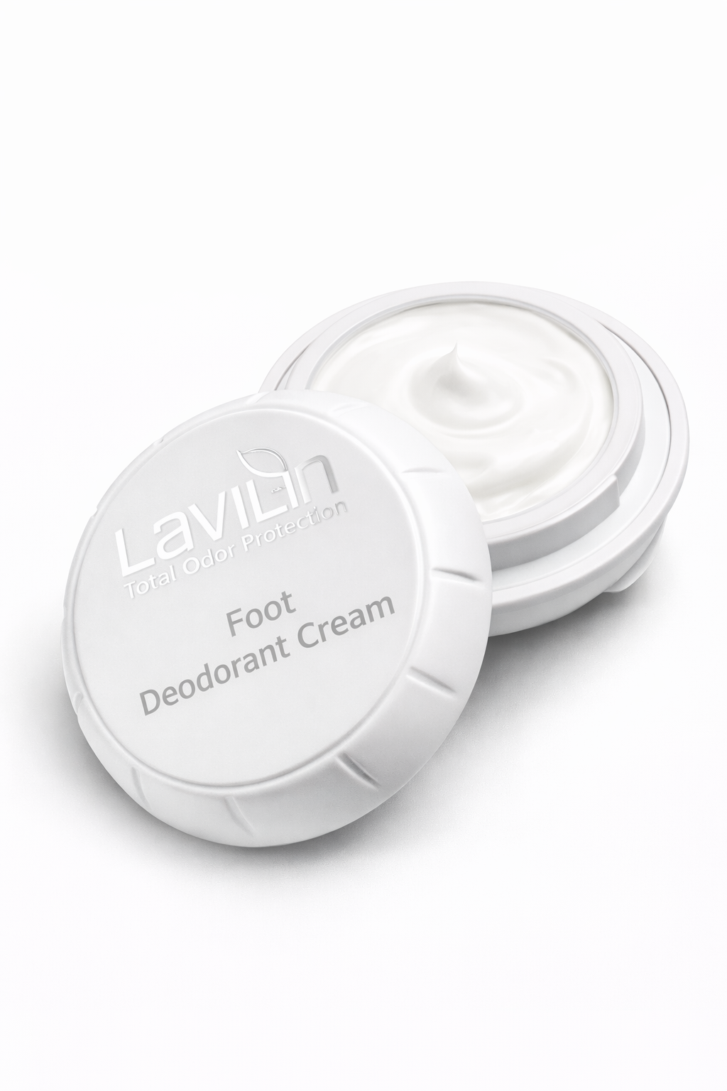 Foot deodorant cream in a white container with a lid partially open, showing the creamy texture inside.