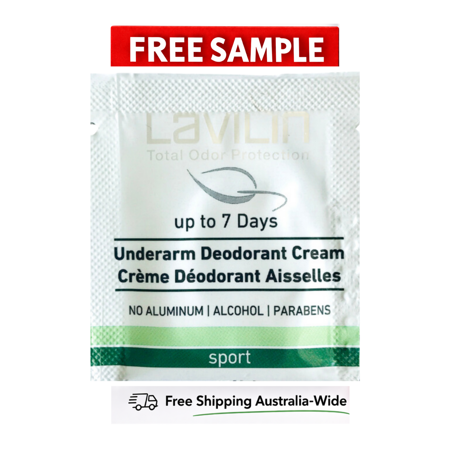 Free Underarm Sport Deodorant Cream sample packet with green and white design, labeled for odor protection up to 7 days.