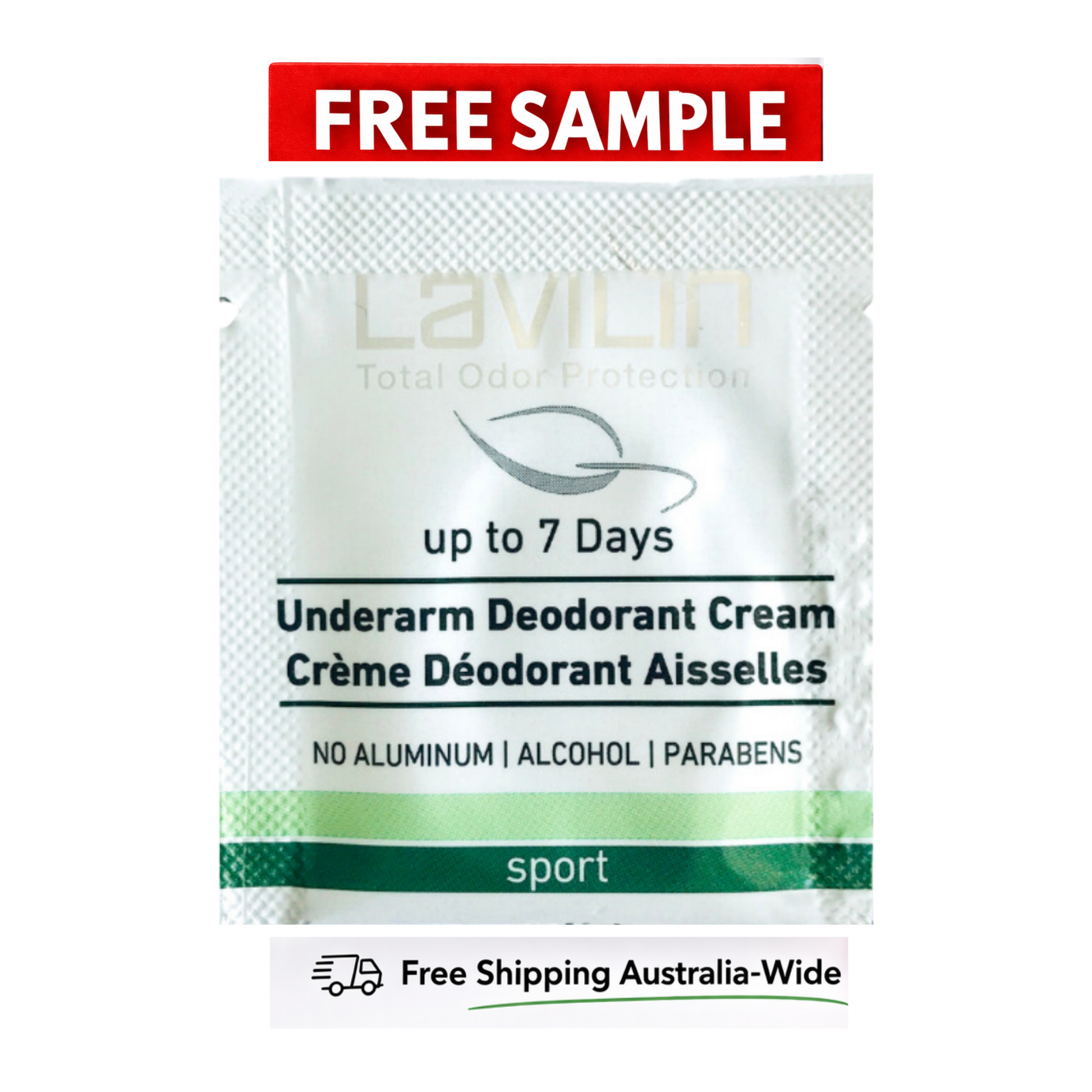 Free Underarm Sport Deodorant Cream sample packet with green and white design, labeled for odor protection up to 7 days.
