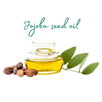 Jojoba seed oil in a glass jar with green leaves and nuts on a black background.