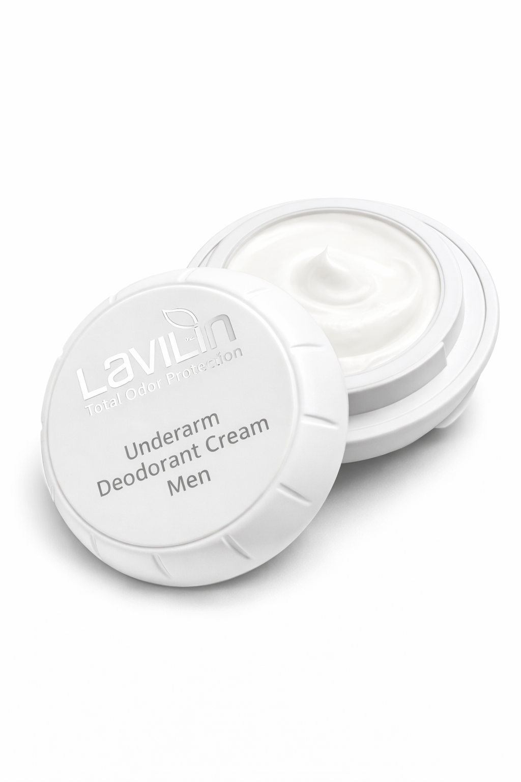 Lavilin underarm deodorant cream for men in a white container with a clear lid, showcasing the creamy texture inside.