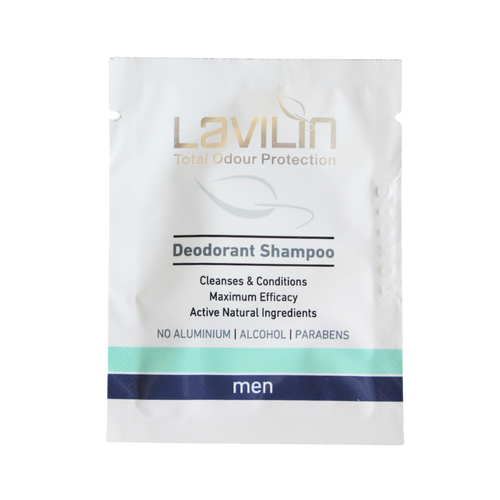 Lavilin deodorant shampoo 5mL sample for men, featuring a white sachet with blue and silver text.