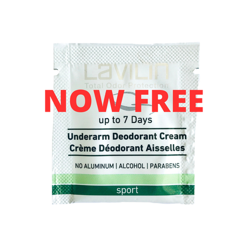 Free underarm sport deodorant cream sample packet, featuring a silver and green design with bold text.