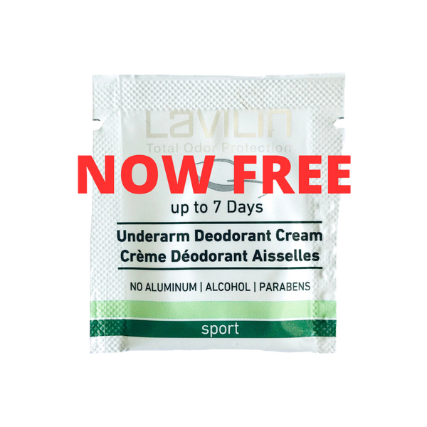 Free underarm sport deodorant cream sample packet, featuring a silver and green design with bold text.