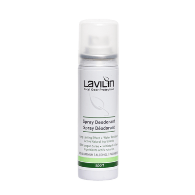 Sport pump spray deodorant with a clear bottle, white cap, and green label featuring "Lavilin" branding.