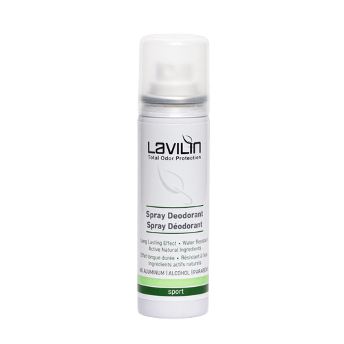 Sport pump spray deodorant with a clear bottle, white cap, and green label featuring "Lavilin" branding.
