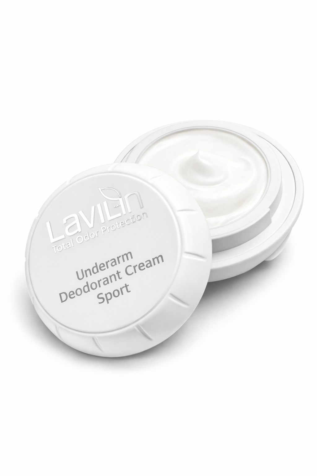 Lavilin underarm deodorant cream in a white container, with a smooth white cream visible inside.