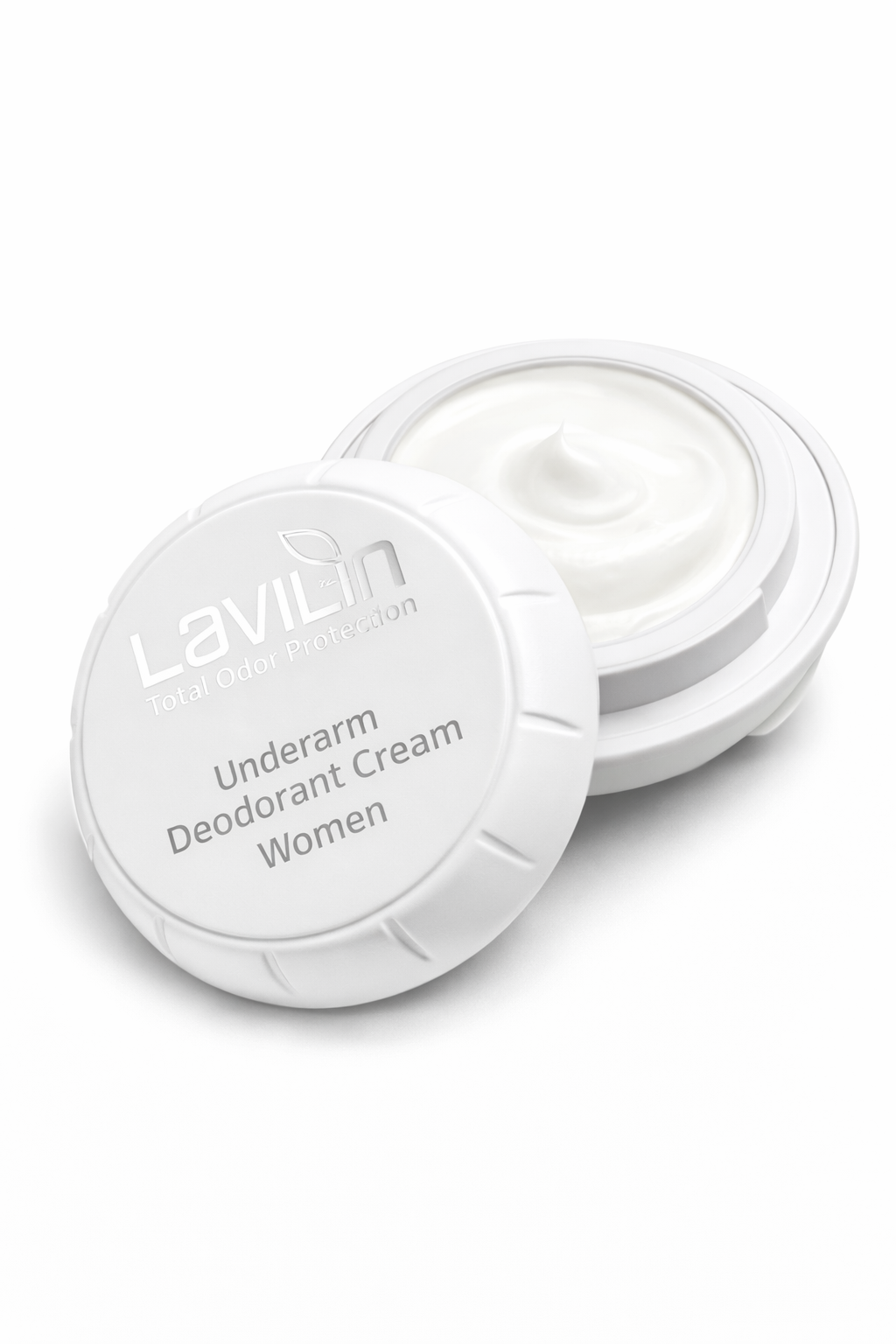 Underarm deodorant cream for women in a white container with a screw-top lid, showing the creamy texture inside.