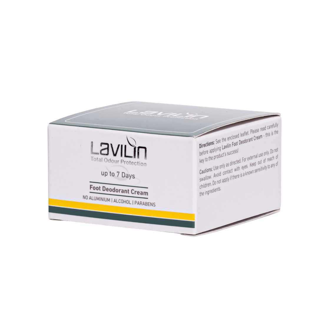 Lavilin foot deodorant cream box, featuring product details and directions, with a white and green design.