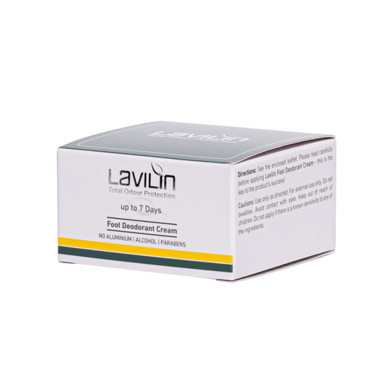 Lavilin foot deodorant cream box, featuring product details and directions, with a white and green design.