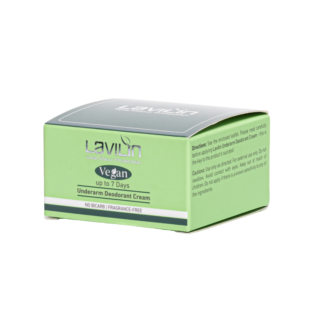 Lavilin vegan deodorant cream packaging in green, labeled for up to 7 days of protection, fragrance-free.