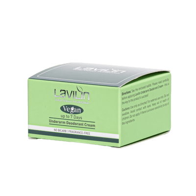Lavilin vegan deodorant cream packaging in green, labeled for up to 7 days of protection, fragrance-free.