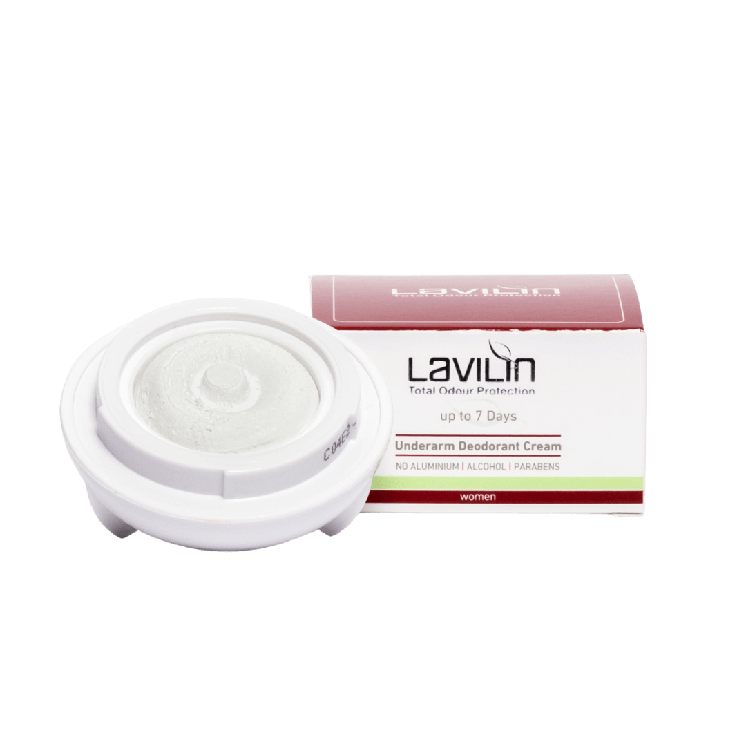Lavilin up to 7 days deodorant cream for women in a white container with a red and green box.