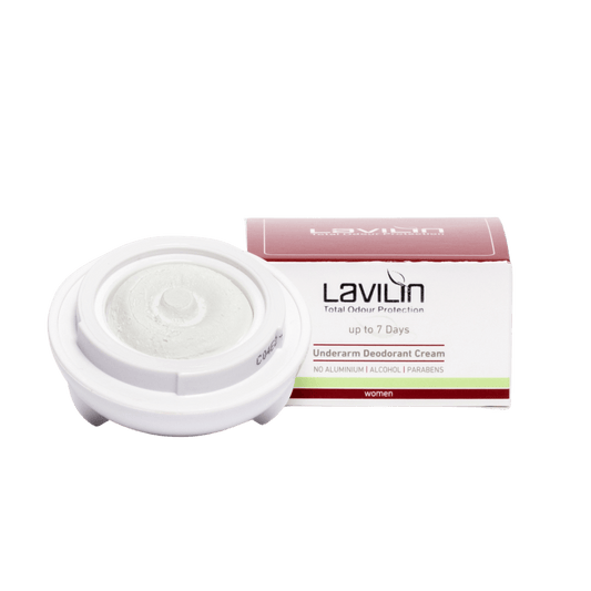 Lavilin up to 7 days deodorant cream for women in a white container with a red and green box.