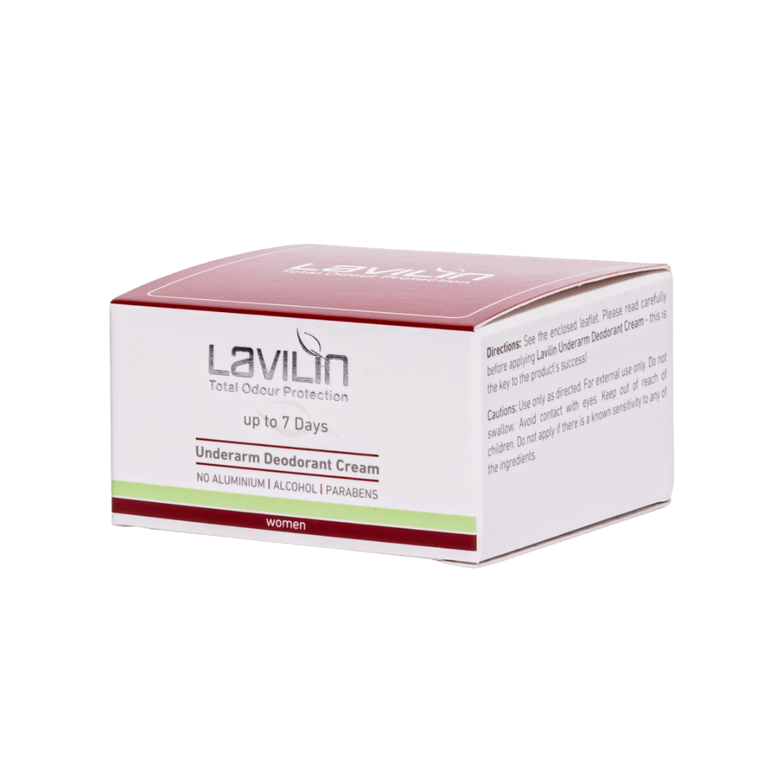 Lavilin up to 7 days underarm deodorant cream for women in a white and pink box with product details on the front.