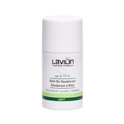 Roll-on sport deodorant with a white container and green accents, labeled for 72-hour protection.