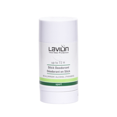 Stick sport deodorant in a white container with green accents, labeled for 72-hour protection.